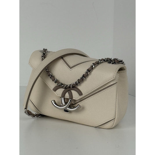 Chanel Macro Flap Bag Chevron Beige Caviar Leather Women's Bag