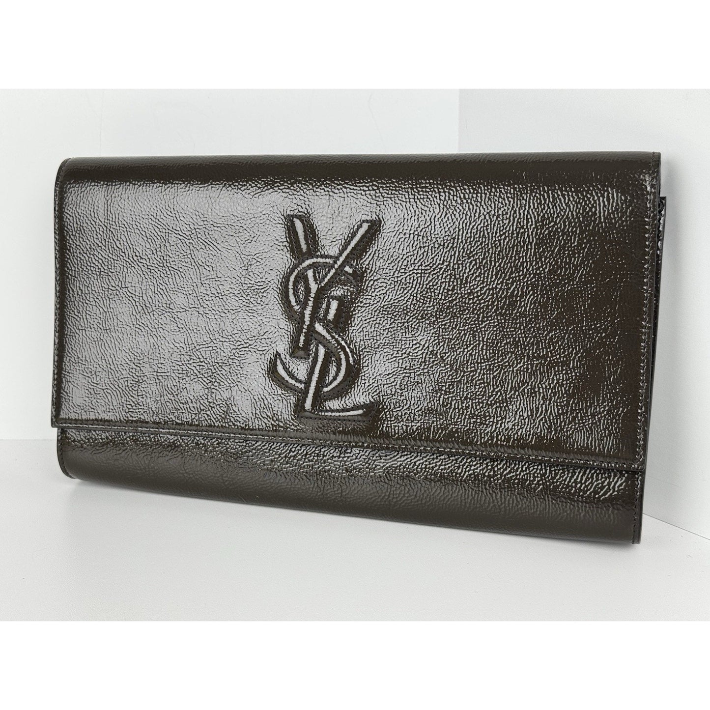 Saint Laurent Belle De Jour Patent Leather Flap Clutch Khaki w Gold Hardware C-6