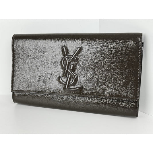 Saint Laurent Belle De Jour Patent Leather Flap Clutch Khaki w Gold Hardware C-6