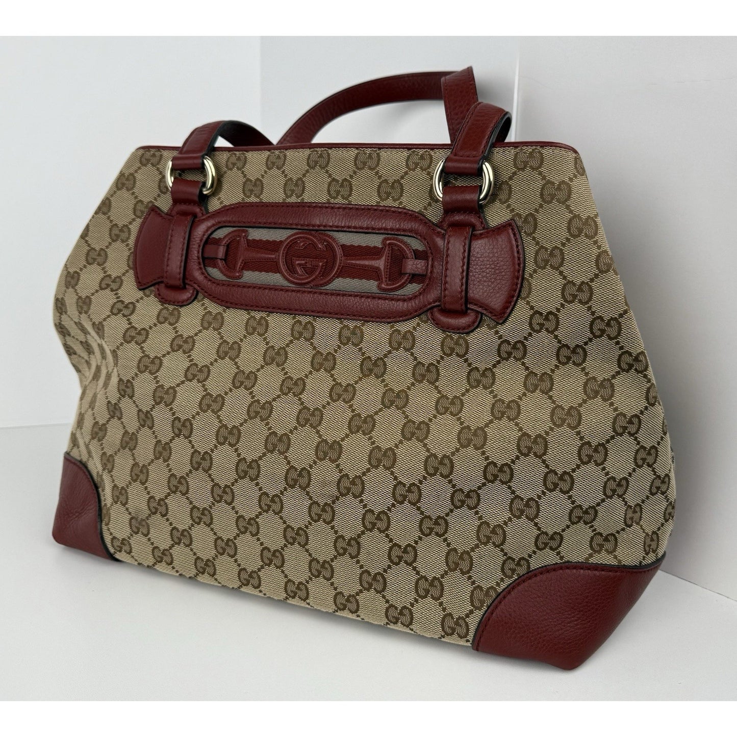 Gucci Red/Beige GG Canvas and Leather Medium Supreme Web Dressage Tote