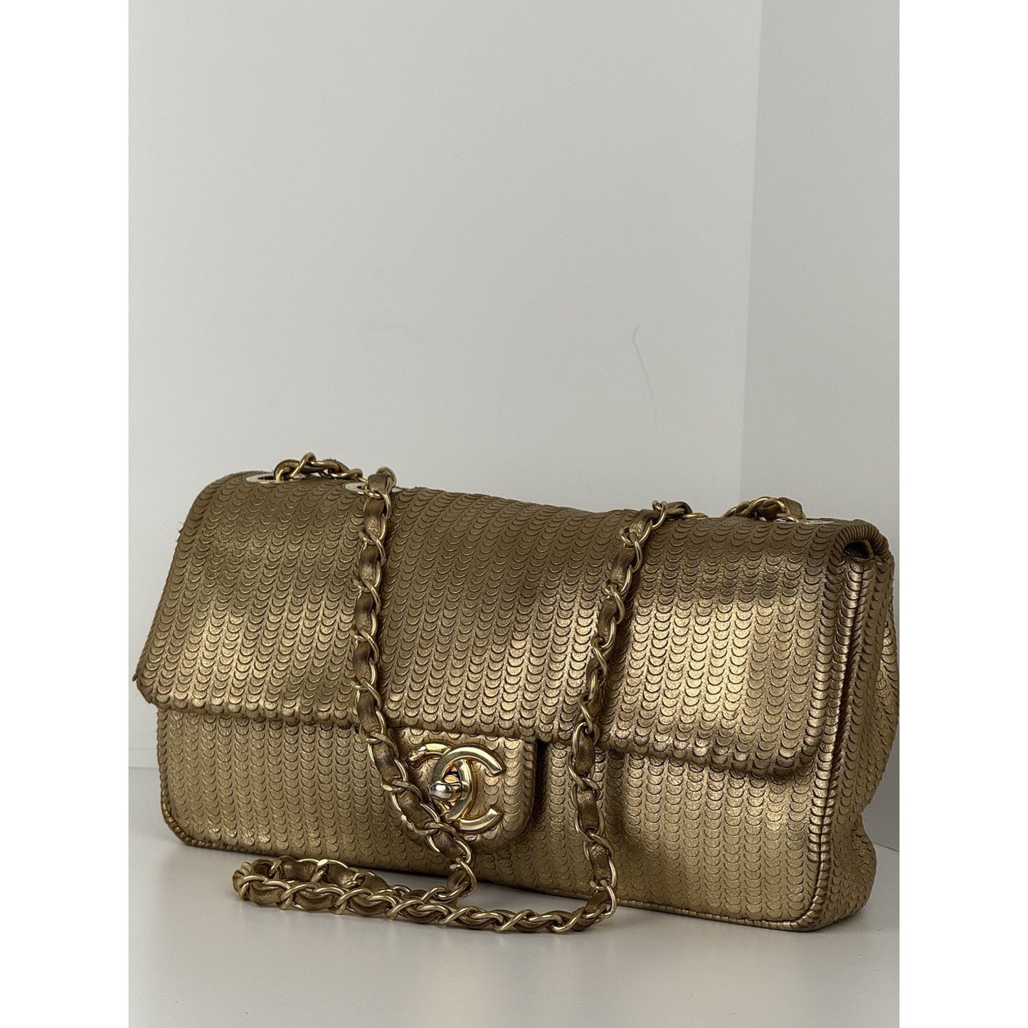 CHANEL Metallic Gold Lambskin Fish Skin Pattern Laser Cut Small Shoulder Bag