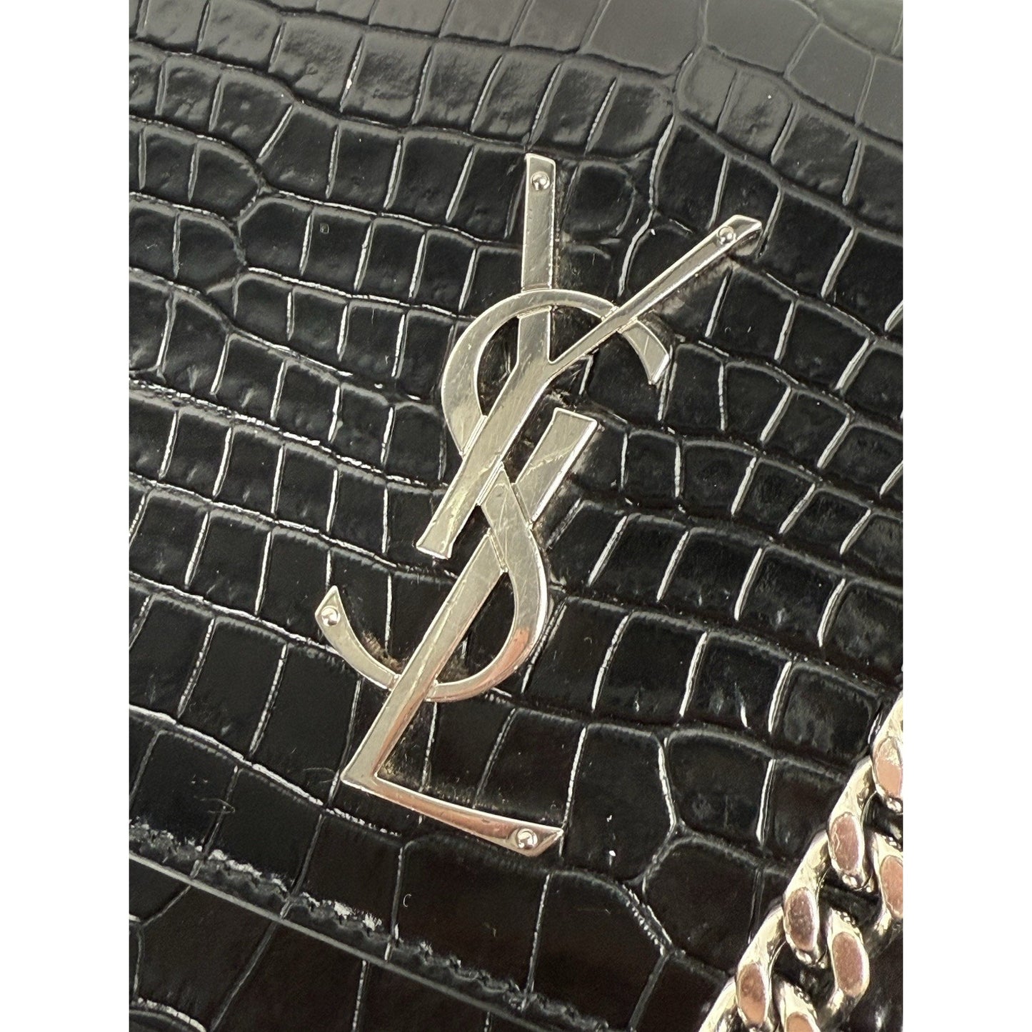Saint Laurent Sunset Black Shiny Crocodile Embossed Leather Shoulder Bag