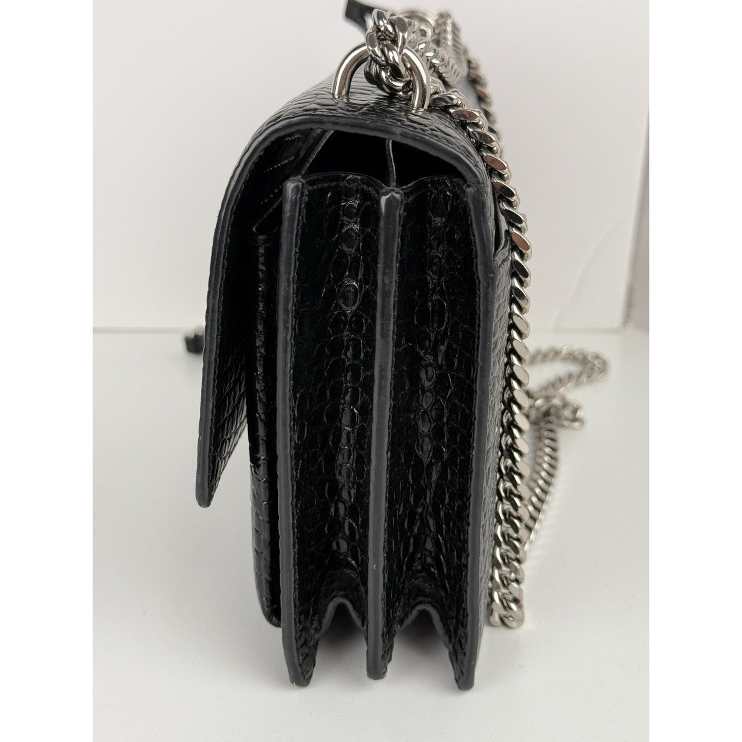 Saint Laurent Sunset Black Shiny Crocodile Embossed Leather Shoulder Bag