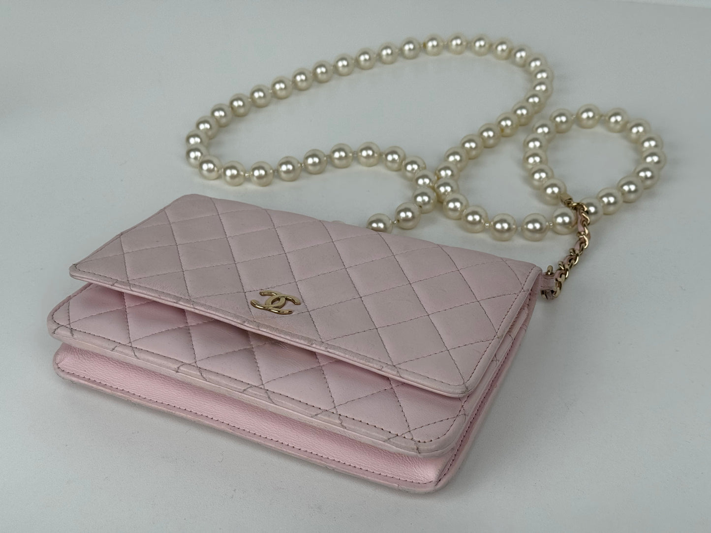 Chanel Pink Quilted Leather Pearl Wallet on Chain With Gold Hardware