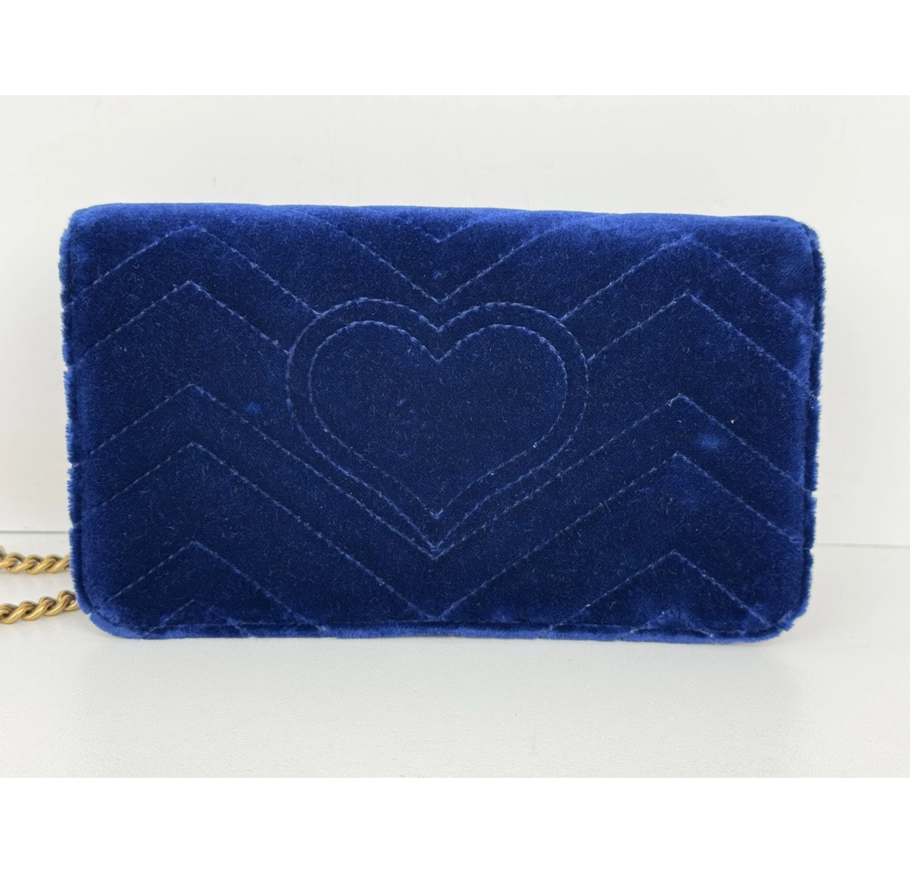 Gucci GG Marmont Blue Velvet Gold-Tone Chain Flap Crossbody Bag