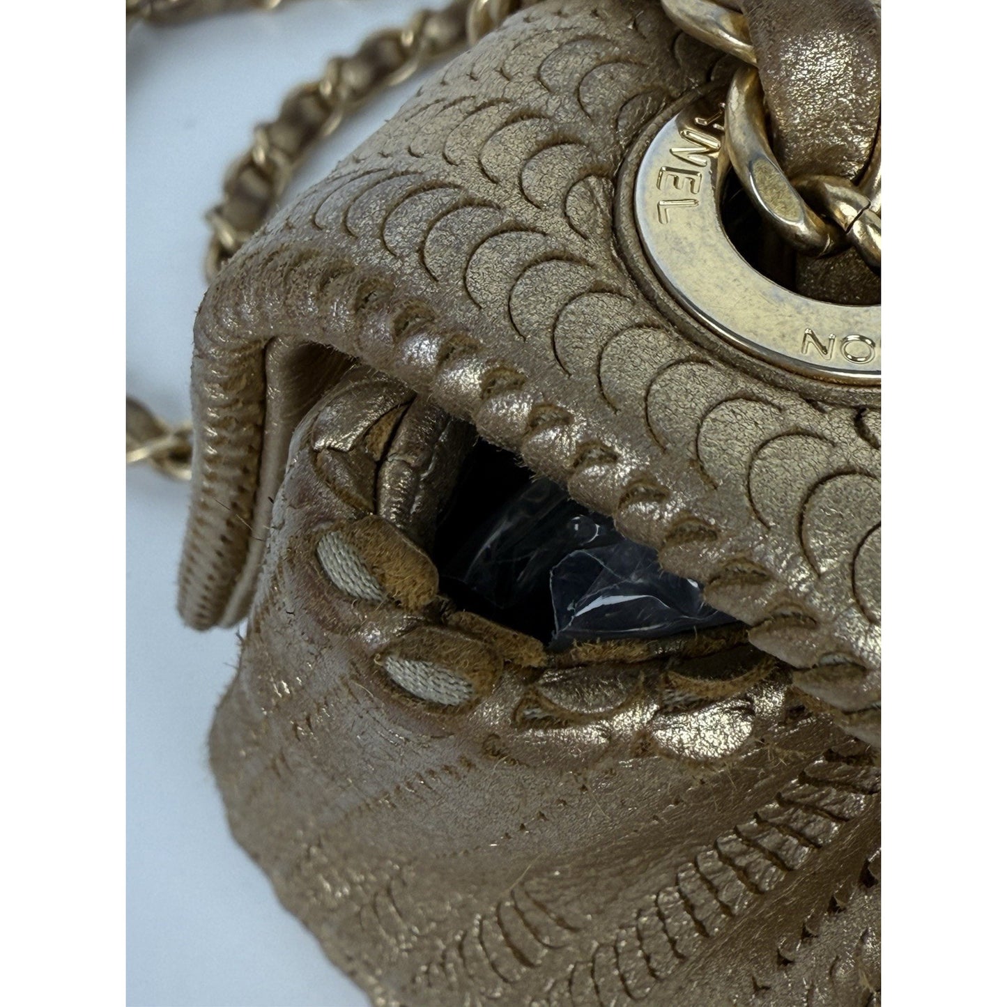 CHANEL Metallic Gold Lambskin Fish Skin Pattern Laser Cut Small Shoulder Bag