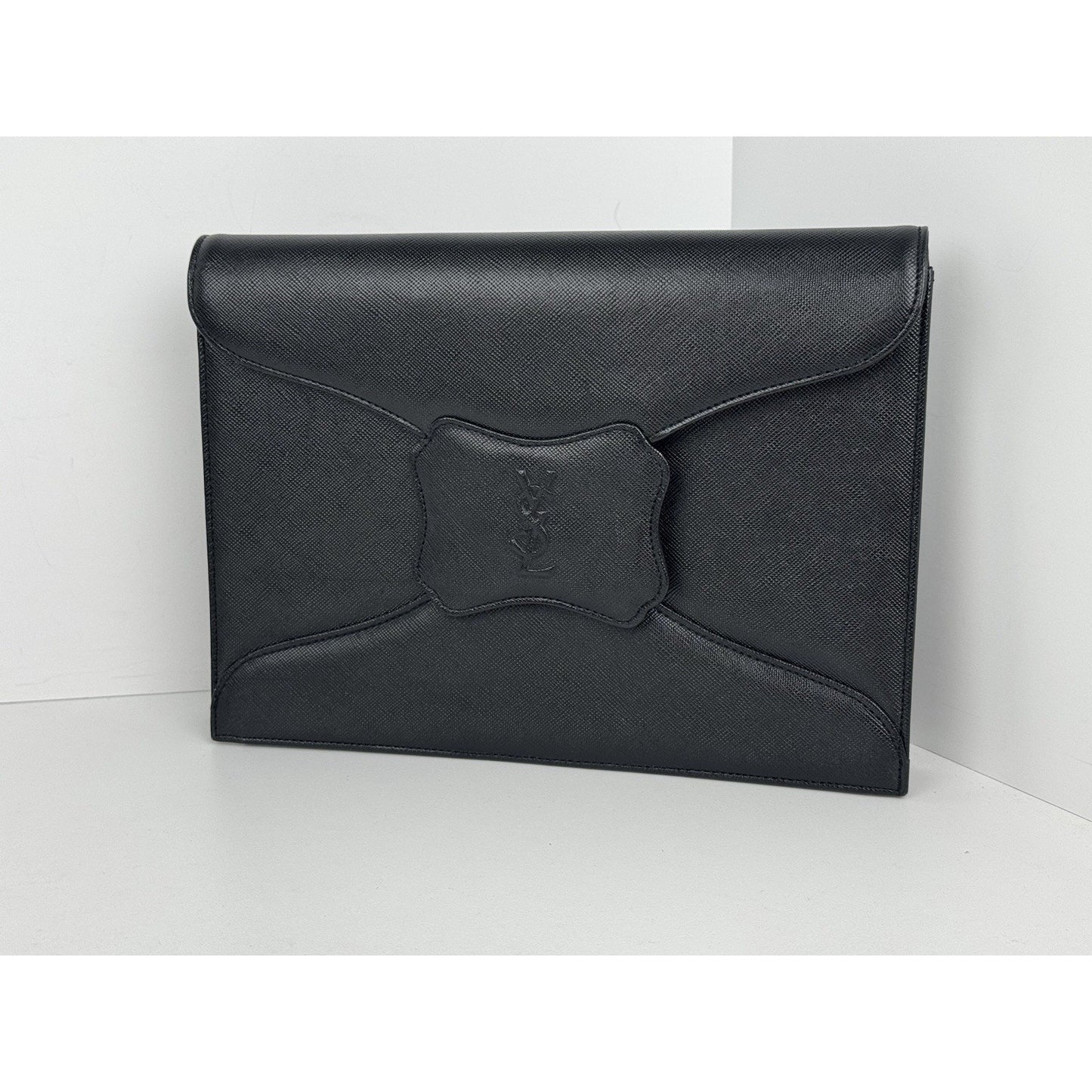 Yves Saint Laurent YSL Black Textured Leather Gold-Tone Flap Clutch Bag C-5