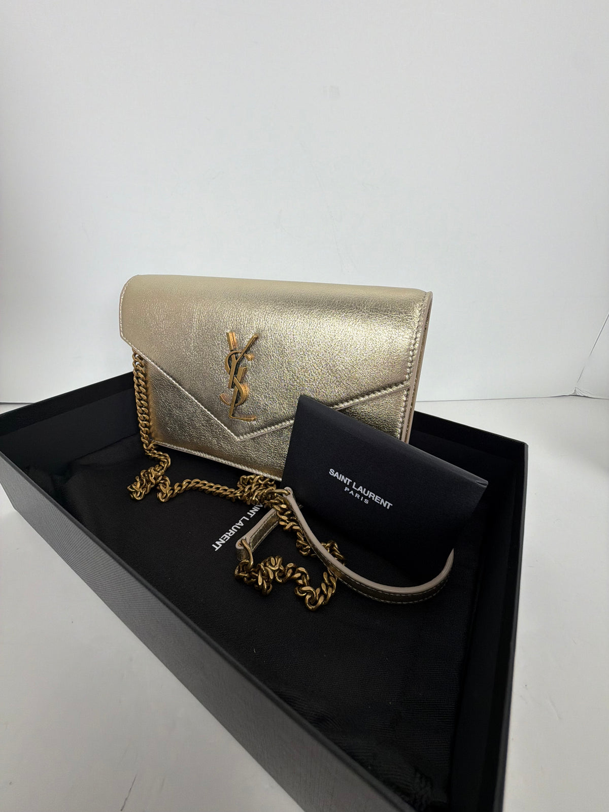 Saint Laurent Envelope Chain Wallet Azalea in Metallic Calfskin YS15