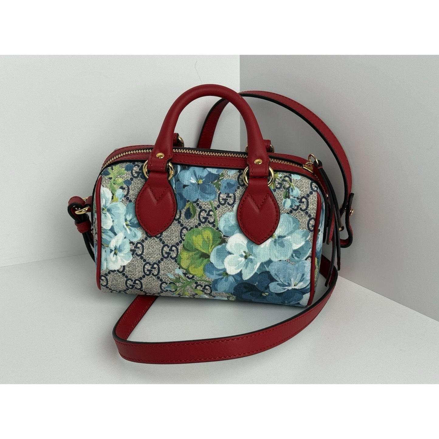 Gucci GG Supreme Blooms Boston Mini Bag with Top Handle and Crossbody Strap
