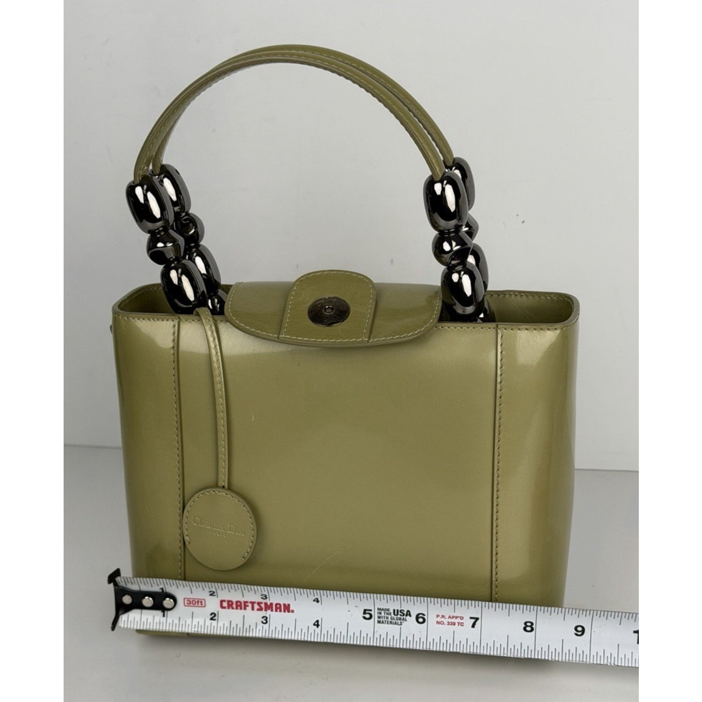 Christian Dior Malice Tote Bag Small Vintage Olive Green Patent Leather 2000 S