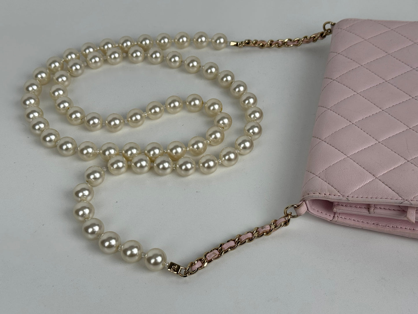 Chanel Pink Quilted Leather Pearl Wallet on Chain With Gold Hardware