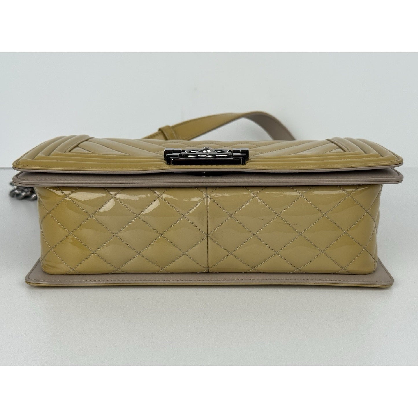 Chanel Boy Medium Chevron & Quilted Mustard Patent Leather Shoulder Bag