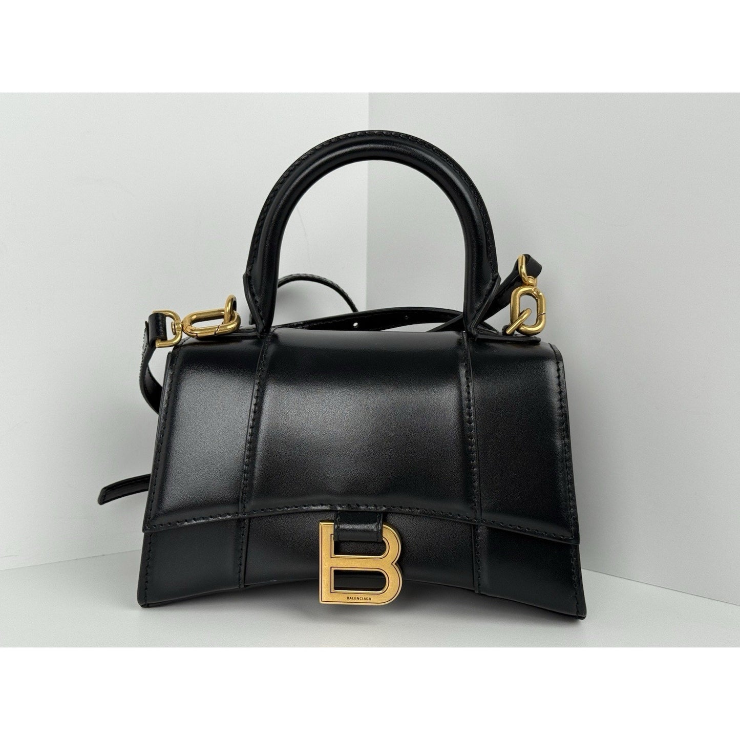 Balenciaga Hourglass XS Top Handle Bag Black Leather with Silver Hardware