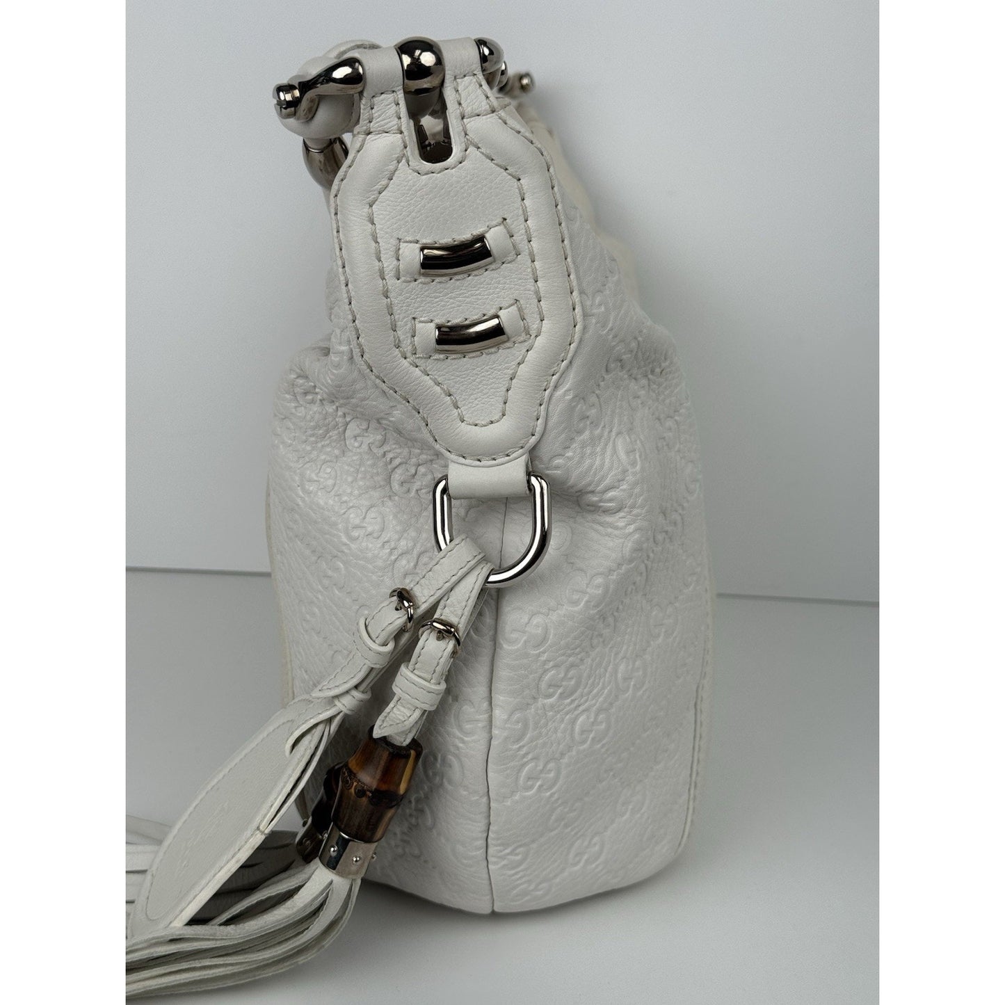Gucci Guccissima Medium Techno Horsebit Hobo White Leather