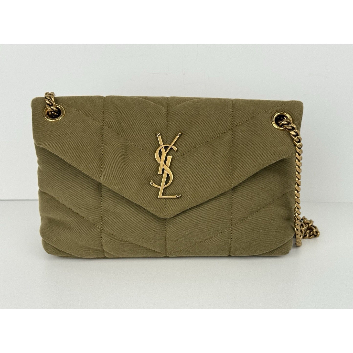 SAINT LAURENT Small Puffer Wool Chevron Quilt Shoulder Bag in Olive Green