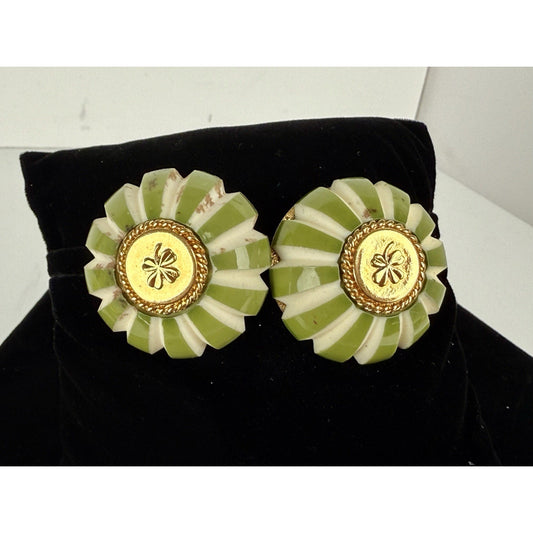 Chanel Vintage Gold Tone Clover Green Enamel Clip On Earrings