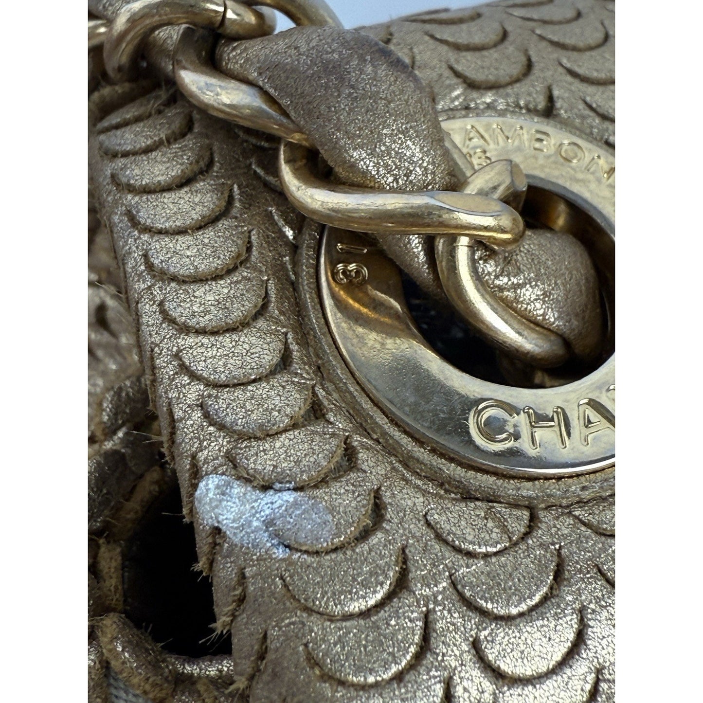 CHANEL Metallic Gold Lambskin Fish Skin Pattern Laser Cut Small Shoulder Bag