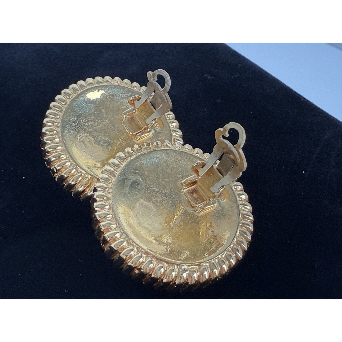 CHANEL Pearl Round Gold Tone Black Earrings