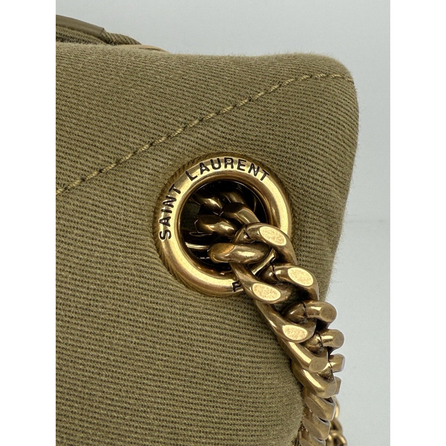 SAINT LAURENT Small Puffer Wool Chevron Quilt Shoulder Bag in Olive Green