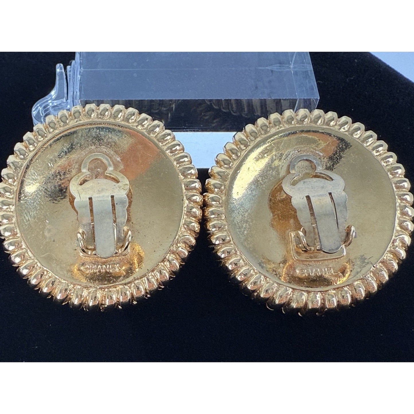 CHANEL Pearl Round Gold Tone Black Earrings