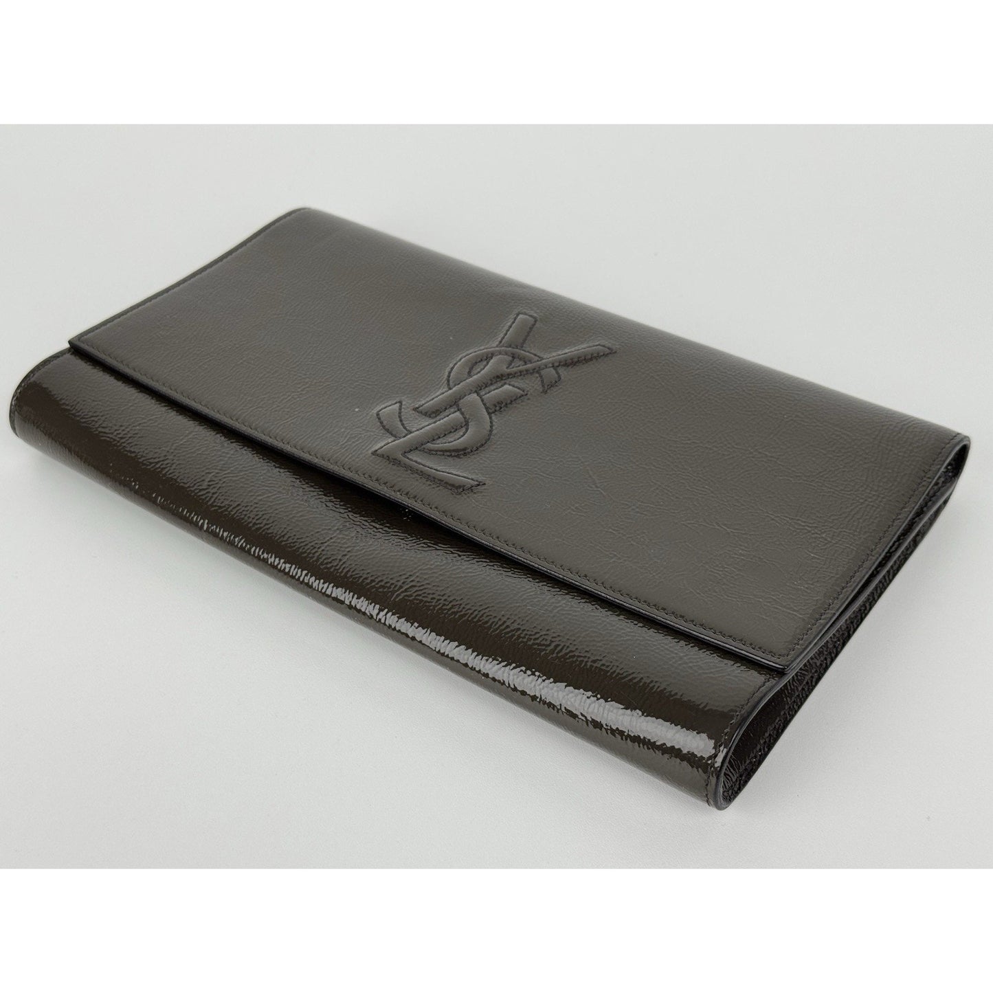 Saint Laurent Belle De Jour Patent Leather Flap Clutch Khaki w Gold Hardware C-6