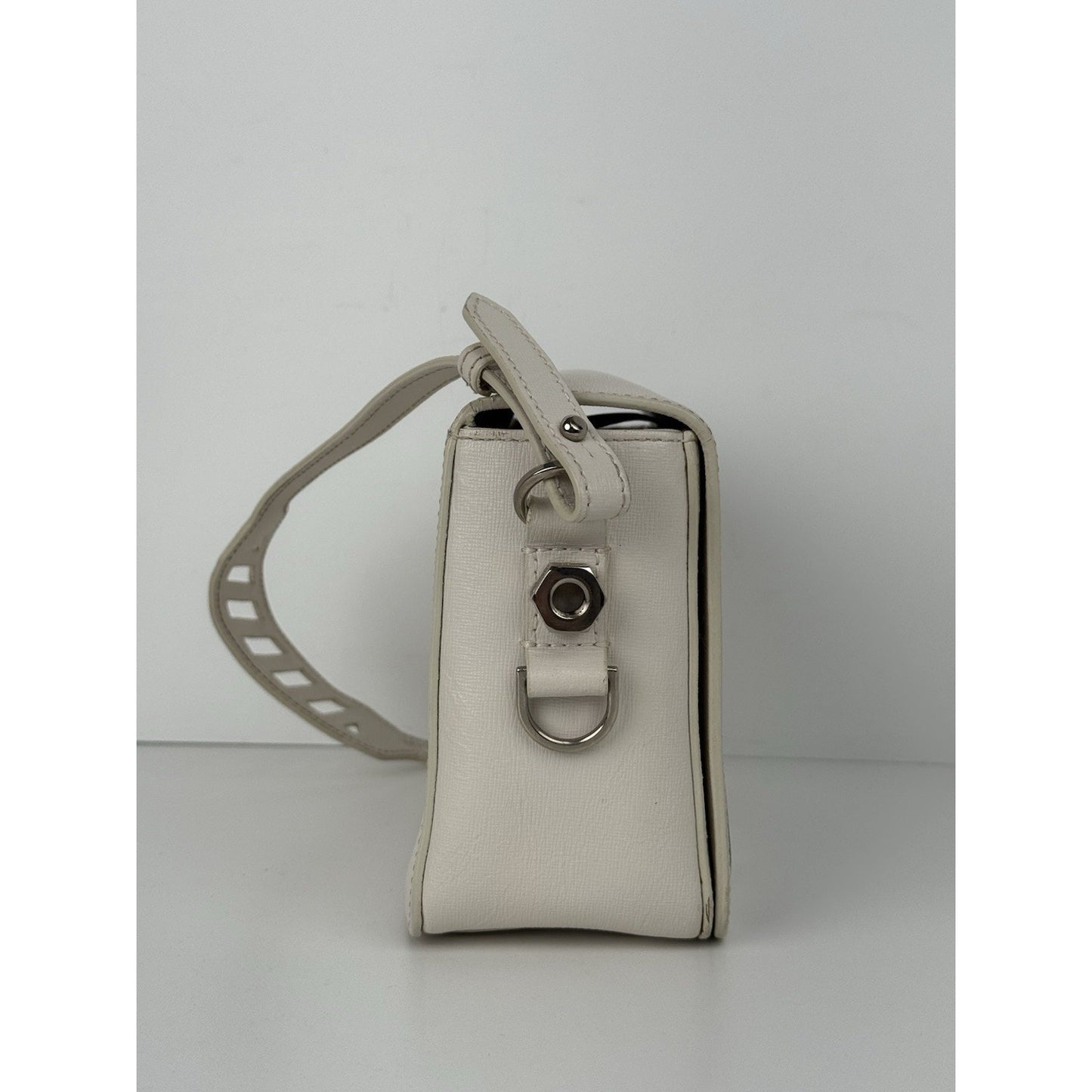Off-White Diagonal Stripe Binder Clip Shoulder Bag White Leather with Silver