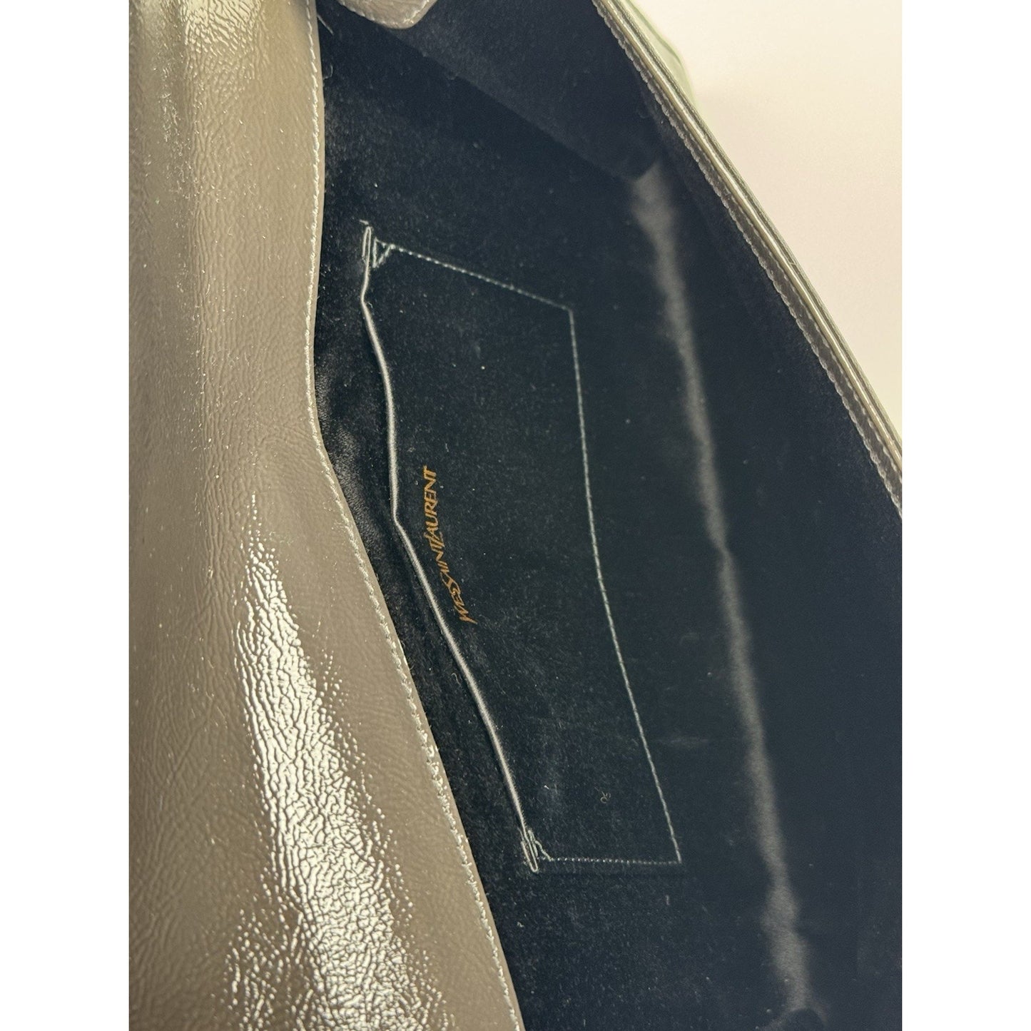 Saint Laurent Belle De Jour Patent Leather Flap Clutch Khaki w Gold Hardware C-6