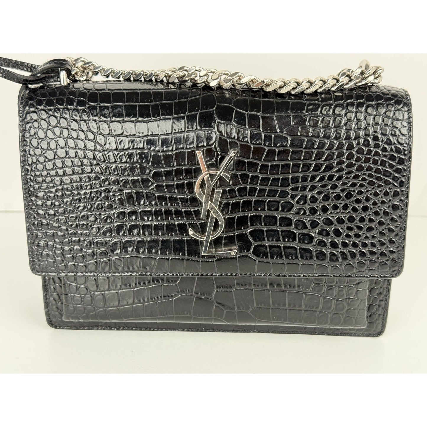 Saint Laurent Sunset Black Shiny Crocodile Embossed Leather Shoulder Bag