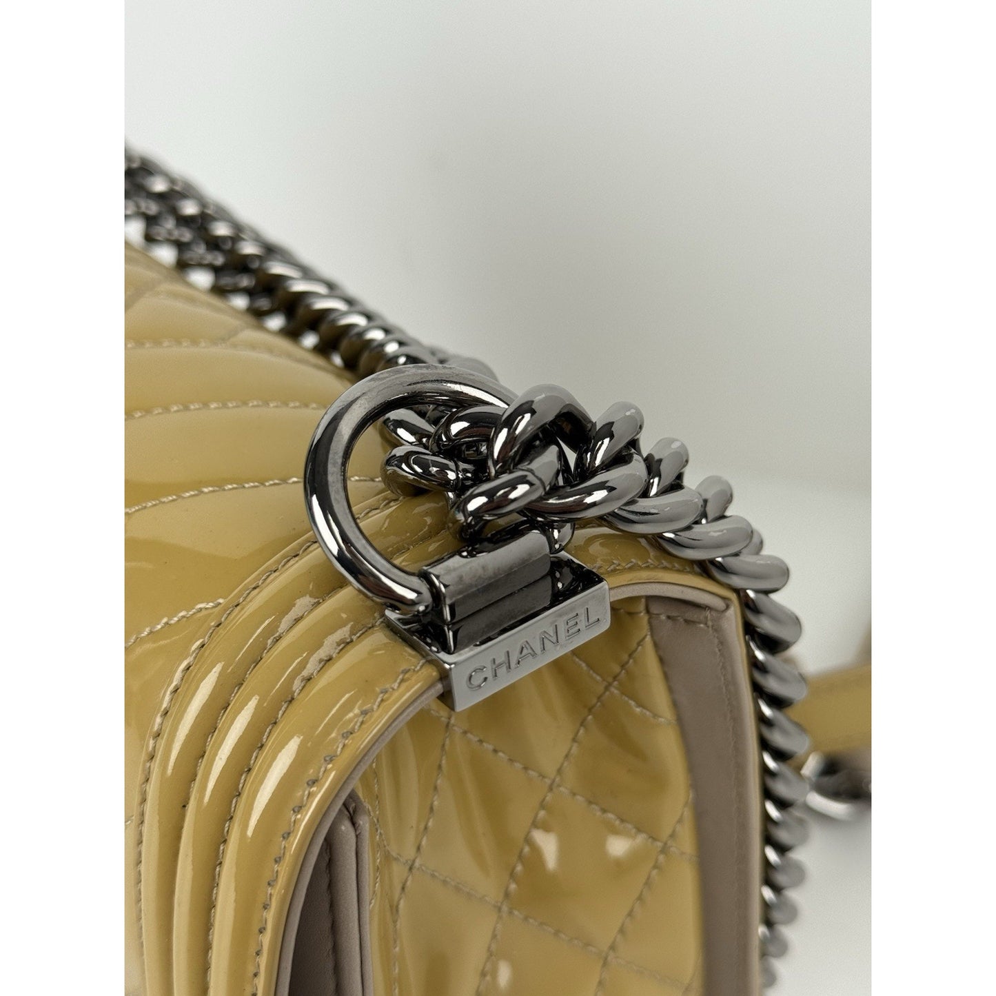 Chanel Boy Medium Chevron & Quilted Mustard Patent Leather Shoulder Bag