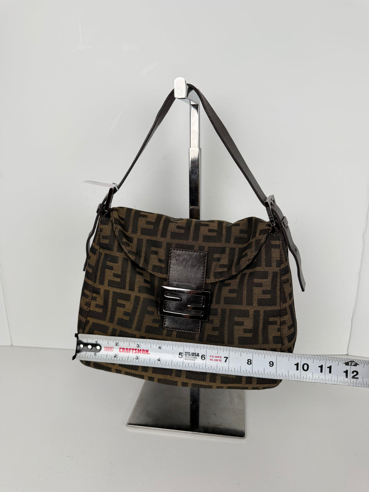 Fendi Zucca FF Double Flap Baguette Shoulder Bag in Brown Canvas