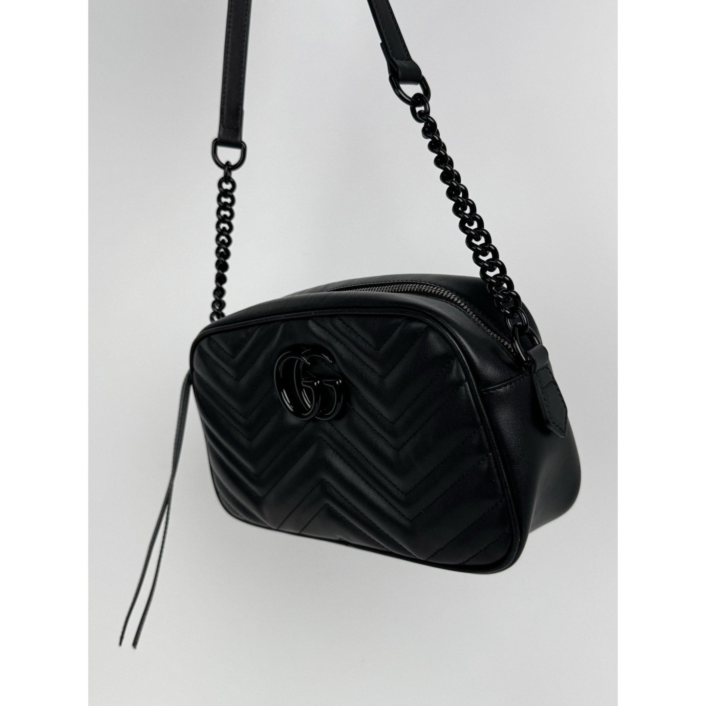 Gucci Matelassé Monochrome Small GG Marmont Chain Shoulder Bag Black B-9