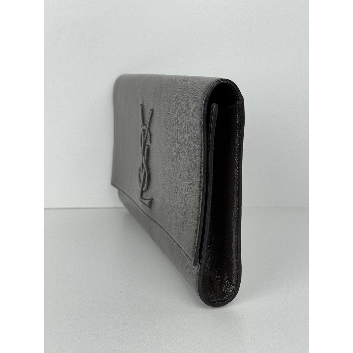 Saint Laurent Belle De Jour Patent Leather Flap Clutch Khaki w Gold Hardware C-6