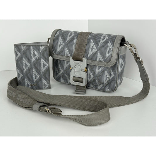 Christian Dior Hit the Road Flap Crossbody Bag CD Diamond Coated Gray Canvas