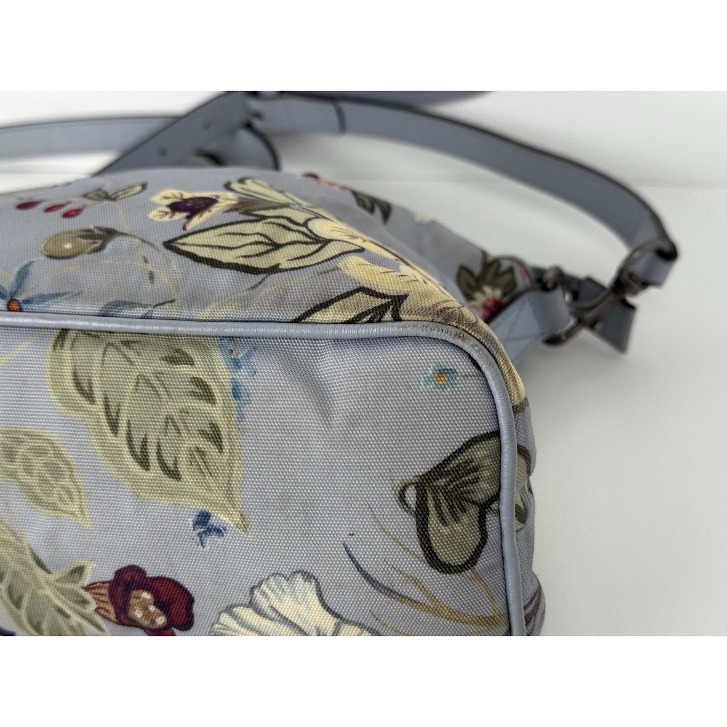 Gucci Flora Knight Zippered Tote Bag Dusty Blue Canvas with Leather Trim