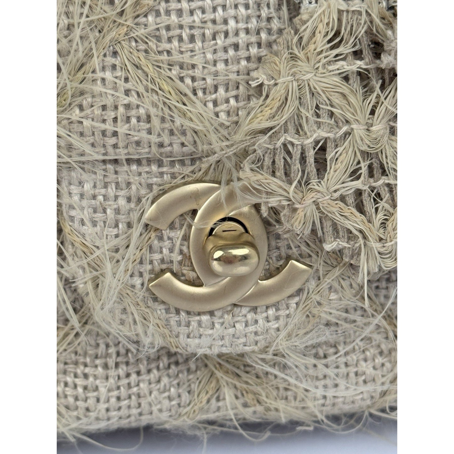 CHANEL Taupe Linen Quilted Camelia Straw Jute Raffia Medium Flap Shoulder Bag