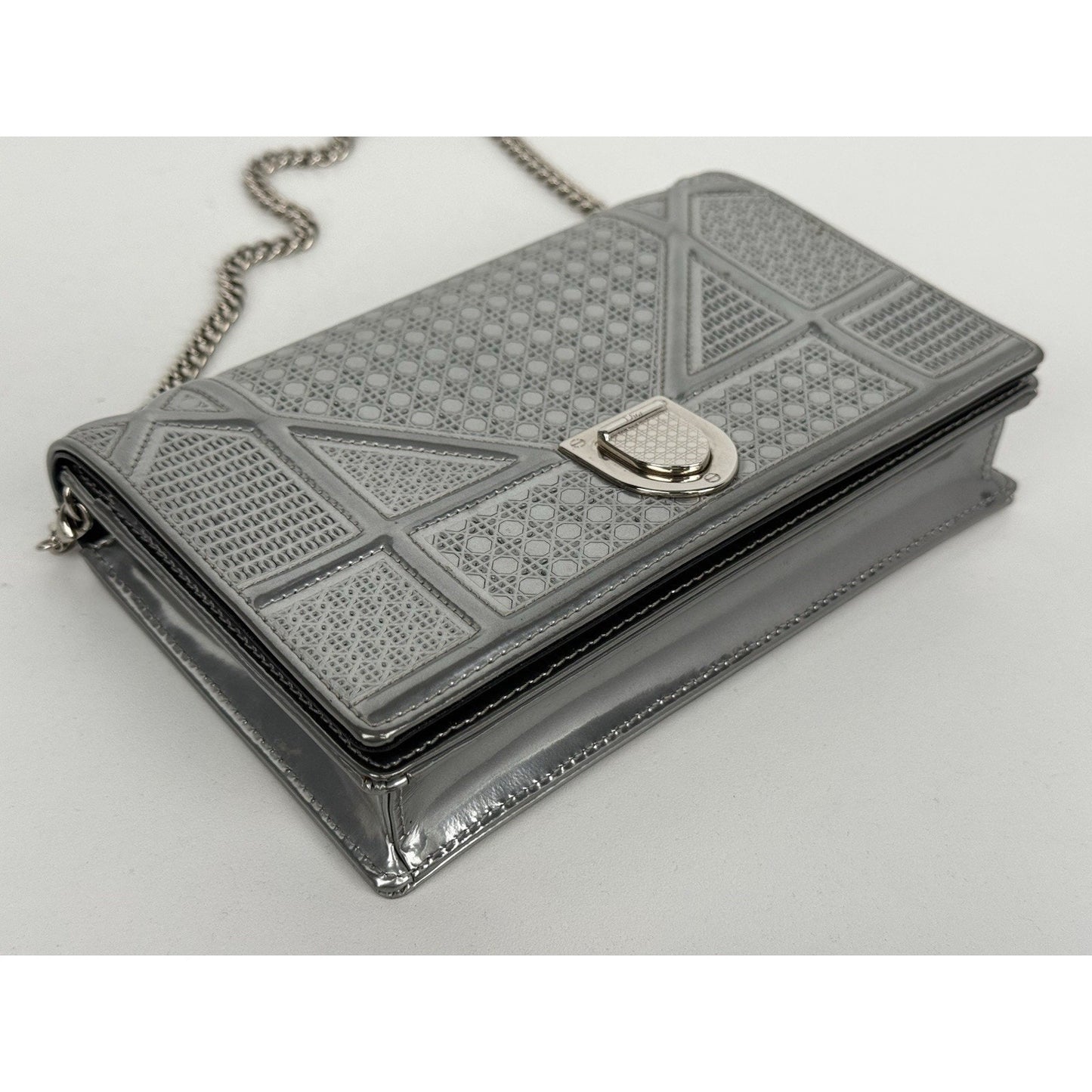 Dior Micro-Cannage Diorama Wallet on Chain Pouch Metallic Silver Patent Leather