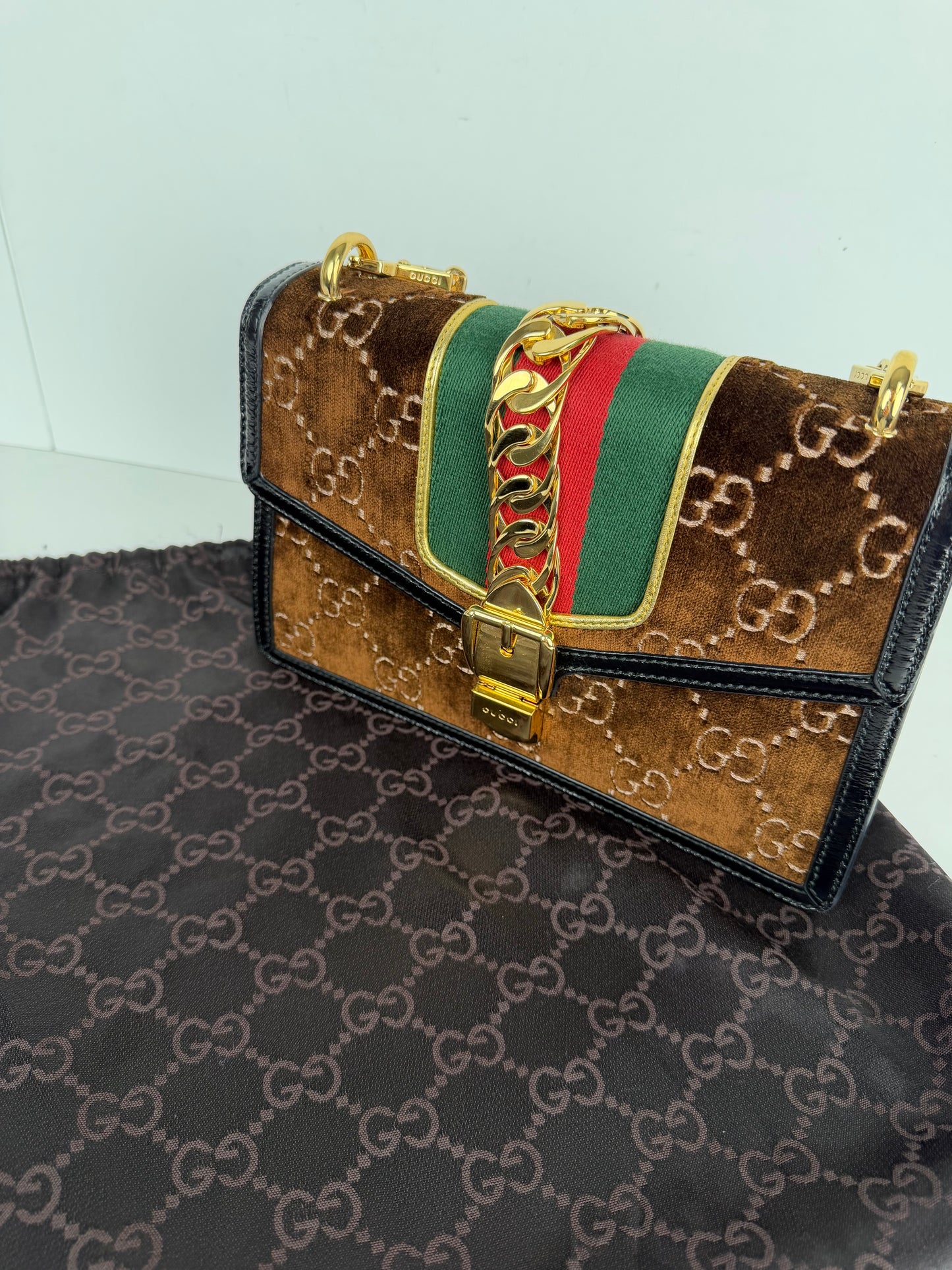 Gucci Sylvie Small Crossbody Bag in Brown GG Velvet with Web S-07