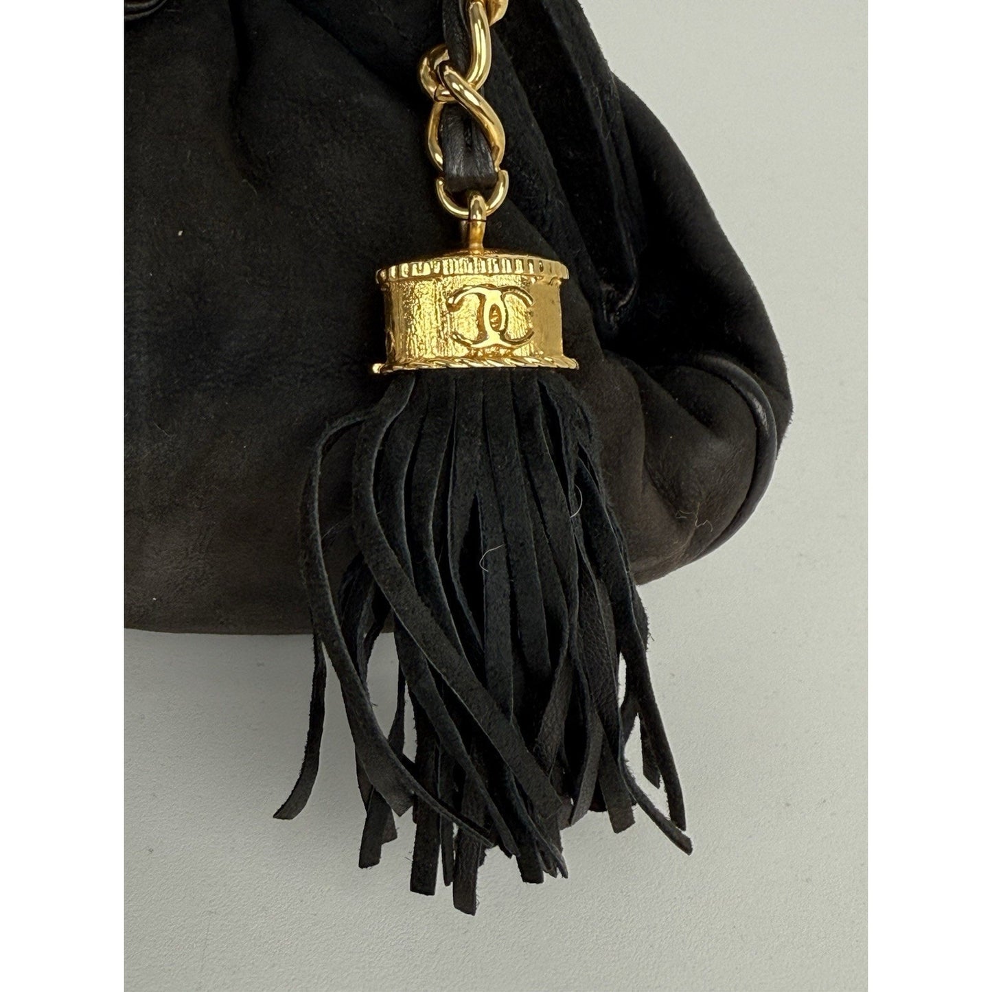 Chanel CC Matelassé Fringe Chain Shoulder Vintage Bag Black with Gold Hardware