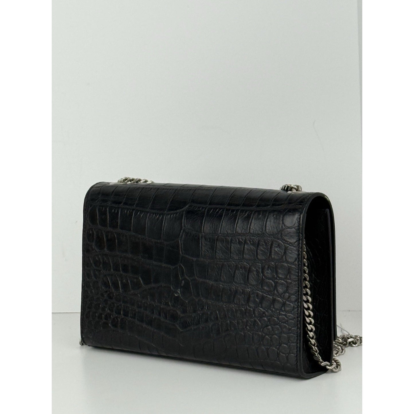 SAINT LAURENT Calfskin Crocodile Embossed Medium Kate Tassel Crossbody Black
