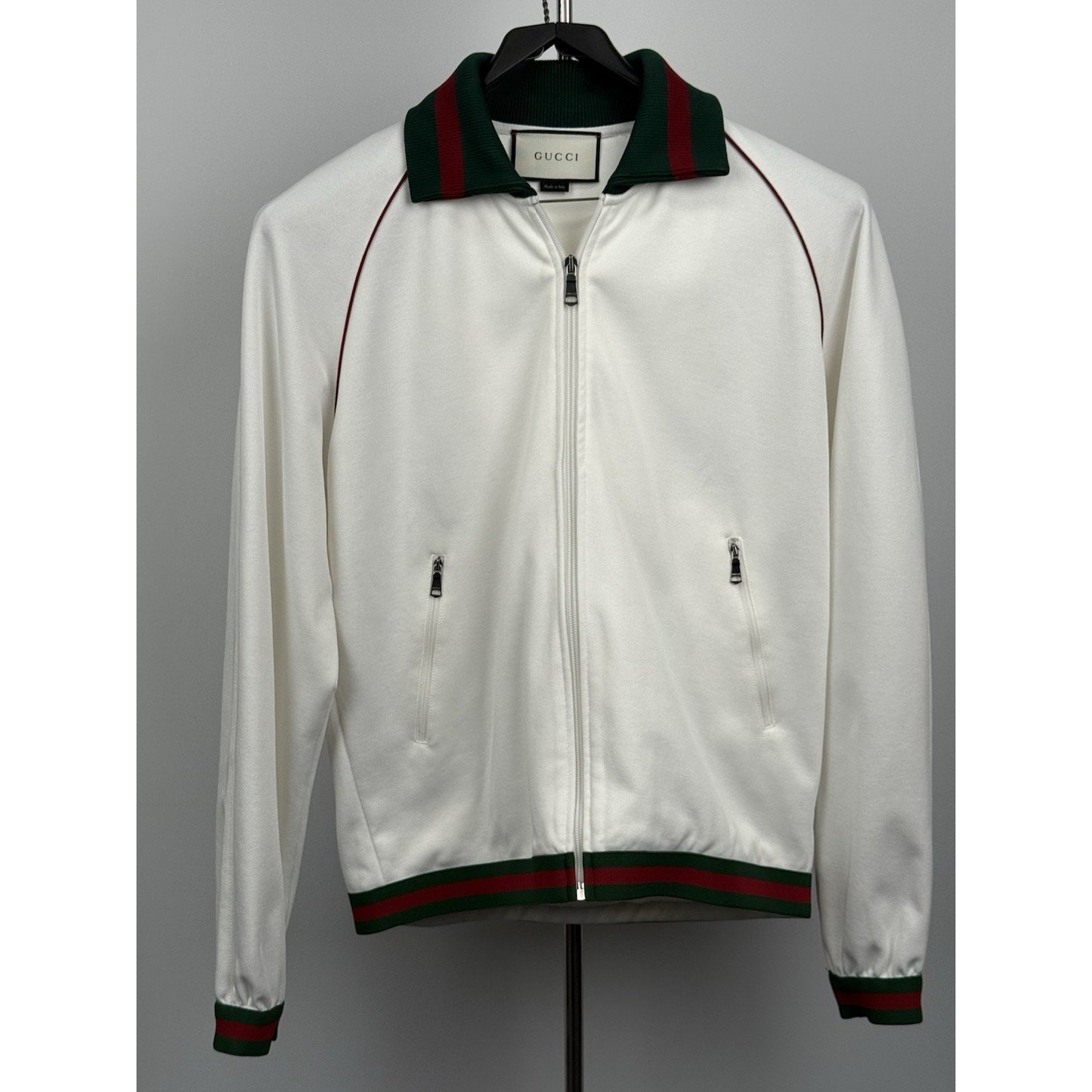 Gucci Men’s White Bomber Jacket with Green and Red Trim, Size S