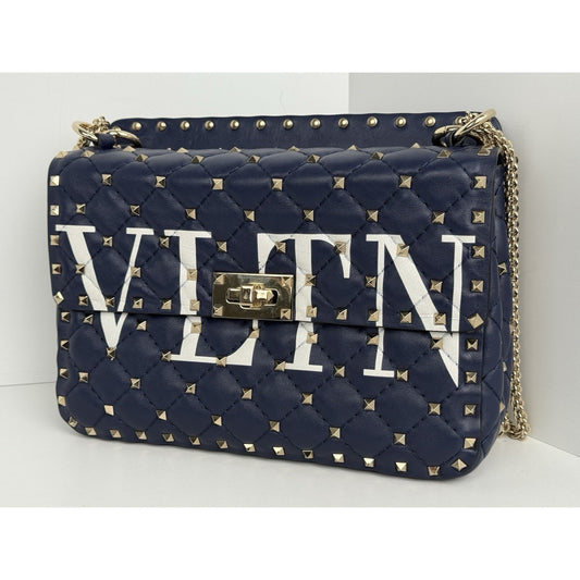 Valentino Garavani Nappa VLTN Print Medium Rockstud Spike Shoulder Bag Navy Blue