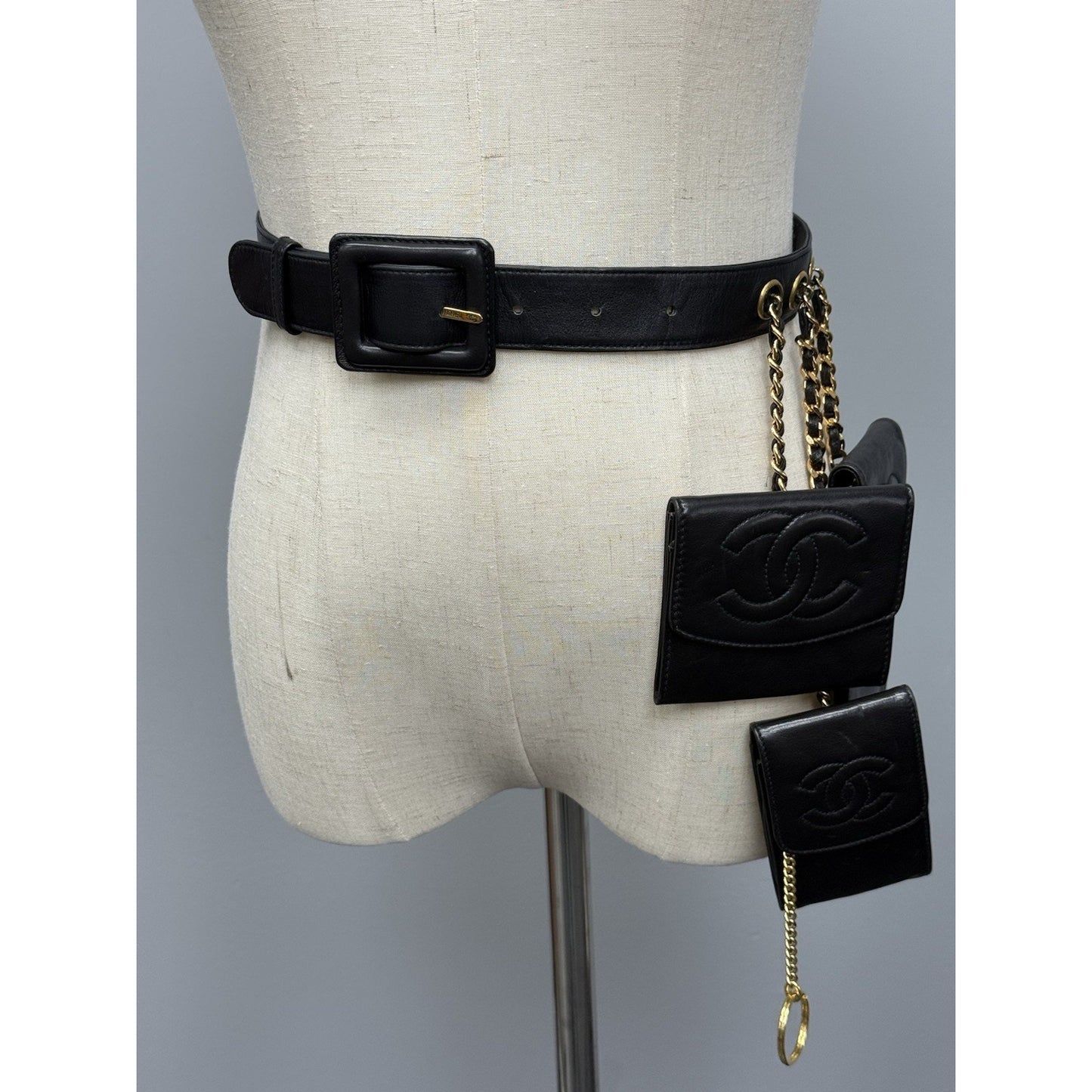 Chanel Vintage 1990 Waist Belt Multi Pouch Black Leather
