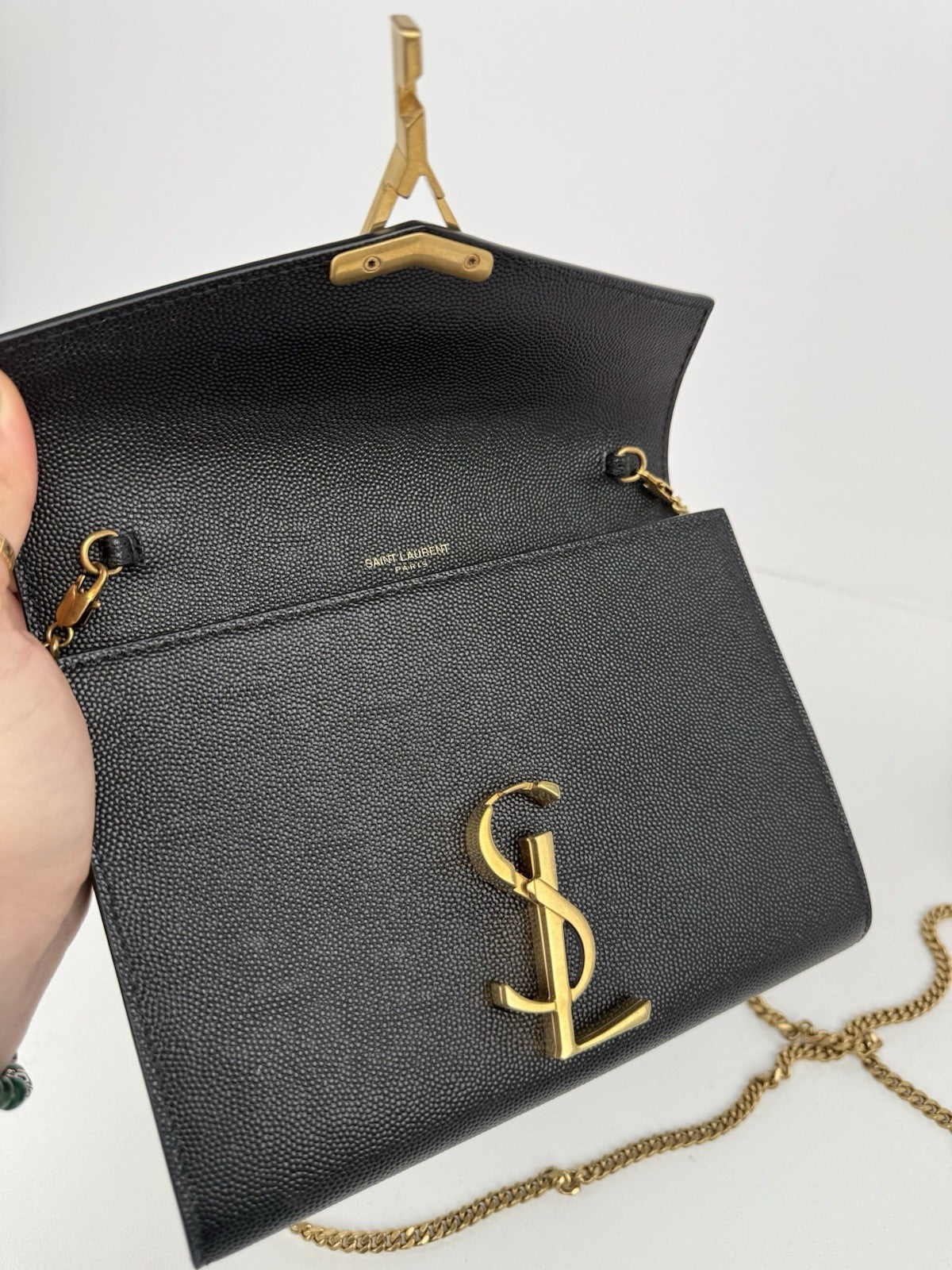 Saint Laurent Cassandra Wallet on Chain Grained Black Leather Crossbody Bag
