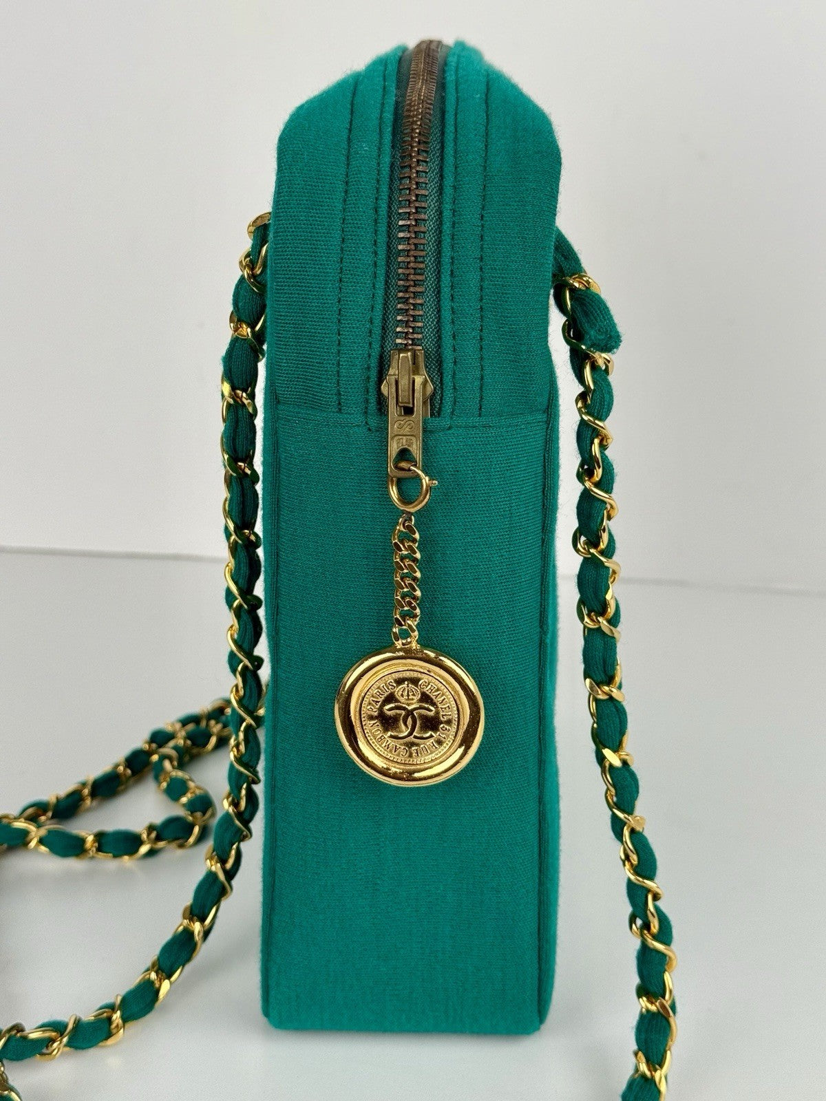 Chanel Bag Coco Jersey Quilted Teal Fabric Chain Strap Vintage