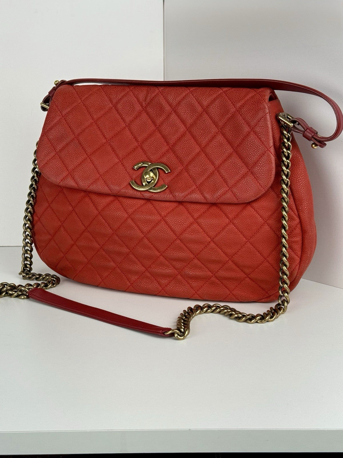 Chanel Caviar Leather Shoulder Bag Country Chic Red Leather