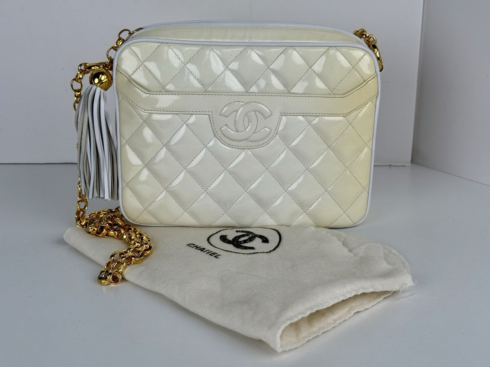 Chanel  Quilted Patent Cream Leather Camera Bag