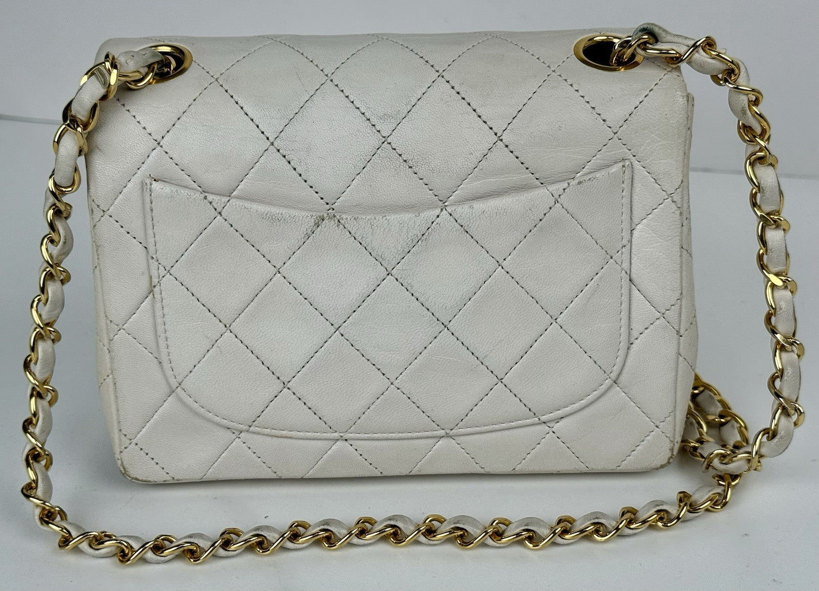 Chanel Mini Square Flap Bag White Lambskin Gold Hardware Vintage Bag