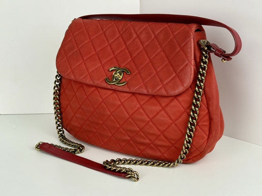 Chanel Caviar Leather Shoulder Bag Country Chic Red Leather