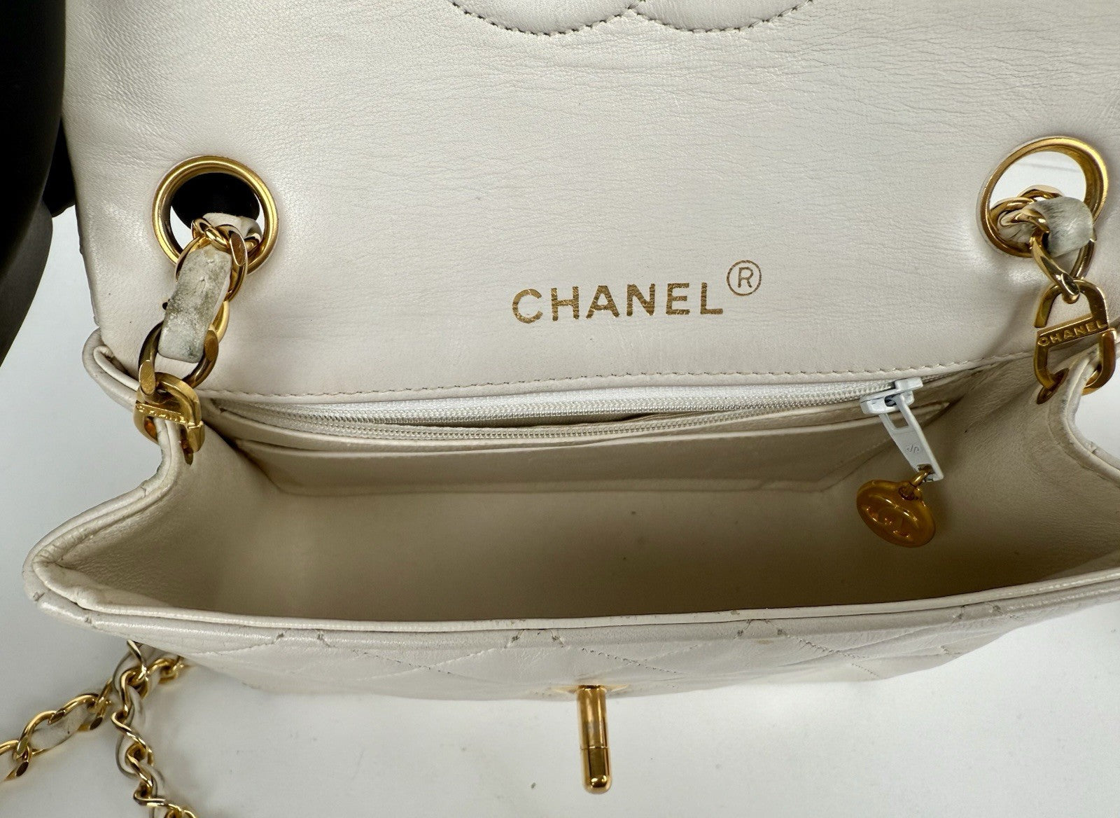 Chanel Mini Square Flap Bag White Lambskin Gold Hardware Vintage Bag