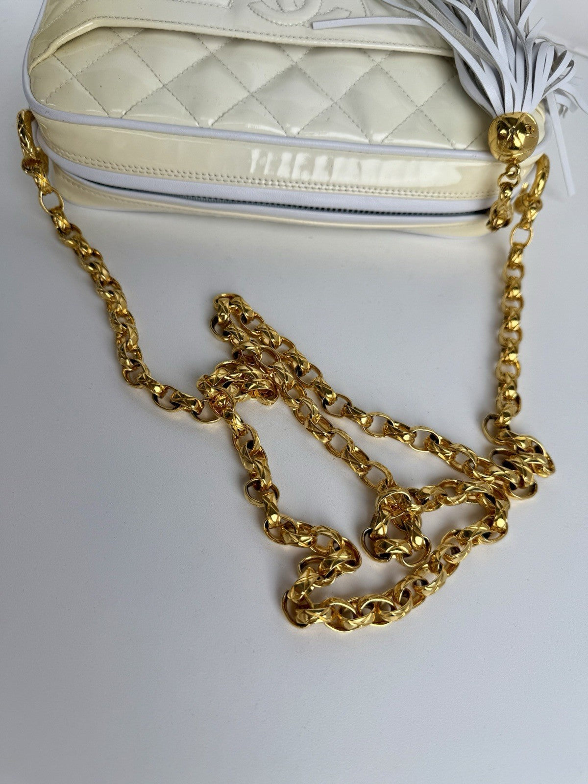 Chanel  Quilted Patent Cream Leather Camera Bag